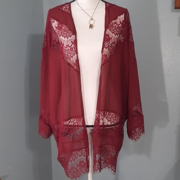 Lush Tops - Lush Maroon Lace Kimono